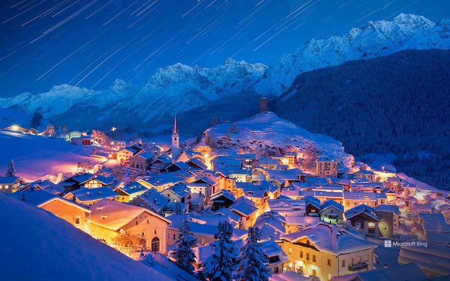 Star trails over Ardez village, Graubunden, Switzerland