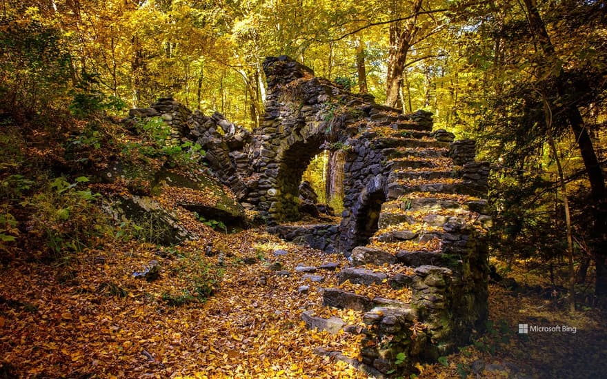 Madame Sherri Forest and the remnant of an old castle, New Hampshire, USA