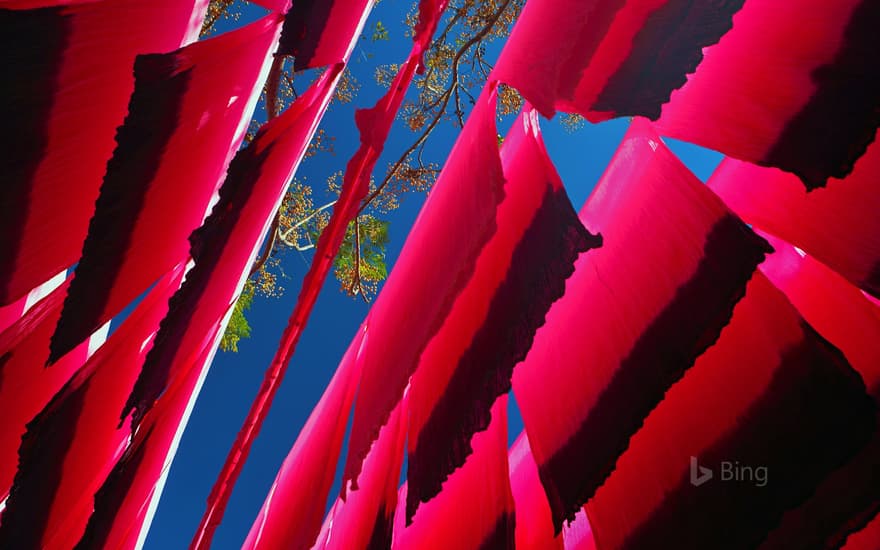 Dyed silk hanging to dry in Marrakech, Morocco