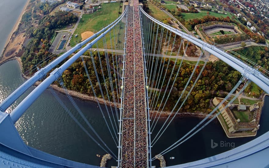 Runners on the Verrazano-Narrows Bridge between Staten Island and Brooklyn, New York