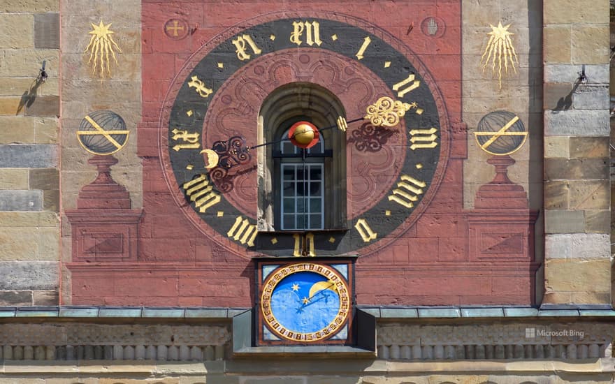 Astronomical clock on the church tower of St. Michael, Schwaebisch Hall, Baden-Wuerttemberg