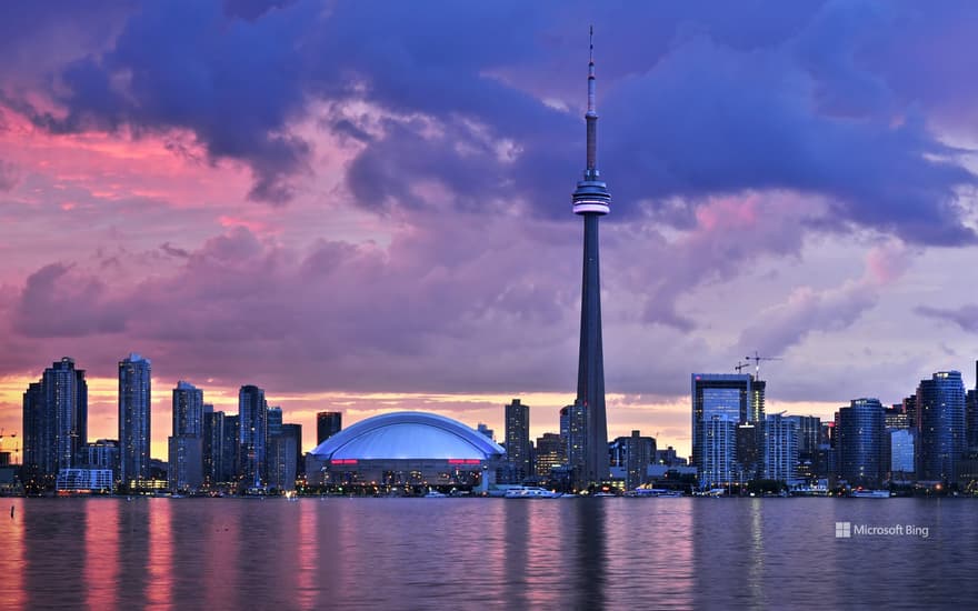 Scenic view at Toronto city waterfront skyline at sunset